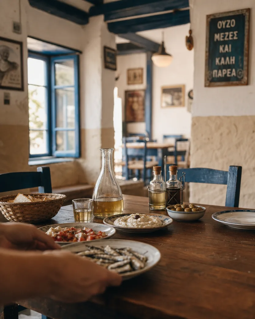 Warme Atmosphäre in der Taverne — Teller wird am Tisch platziert